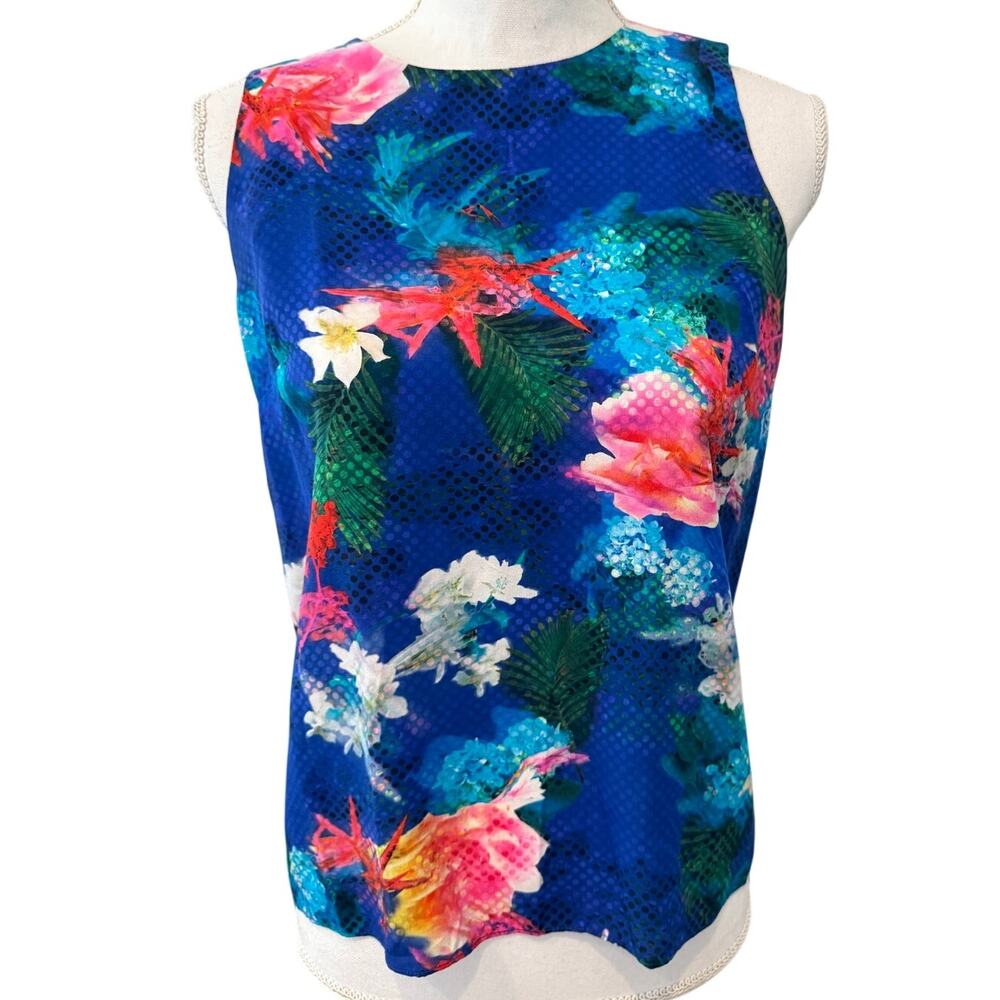 Amanda Uprichard Silk Sleeveless Top Royal Blue Tropical Floral Print S
